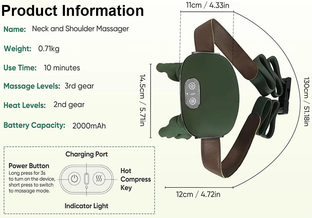 Electric Neck Massager Portable Shiatsu Neck and Shoulder Massager with 3-Level Modes Deep Tissue Kneading  for Pain Relief