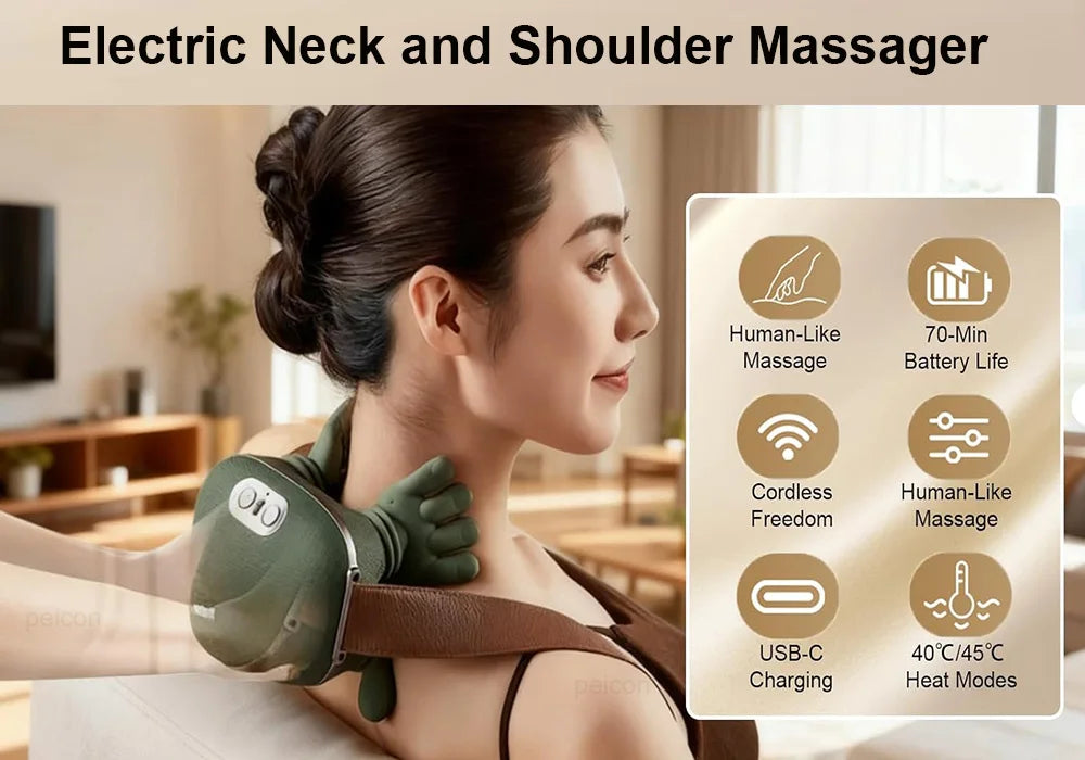 Electric Neck Massager Portable Shiatsu Neck and Shoulder Massager with 3-Level Modes Deep Tissue Kneading  for Pain Relief